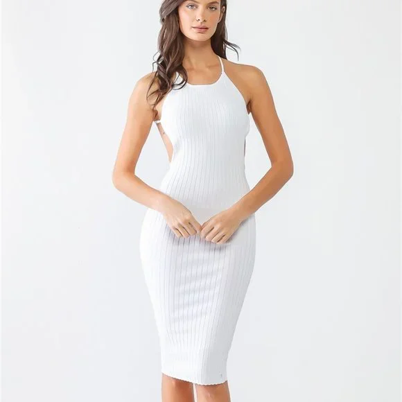 Dresses | White Ribbed Halter Neck Sleeveless Crisscross Open Back Midi  Dress | Poshmark